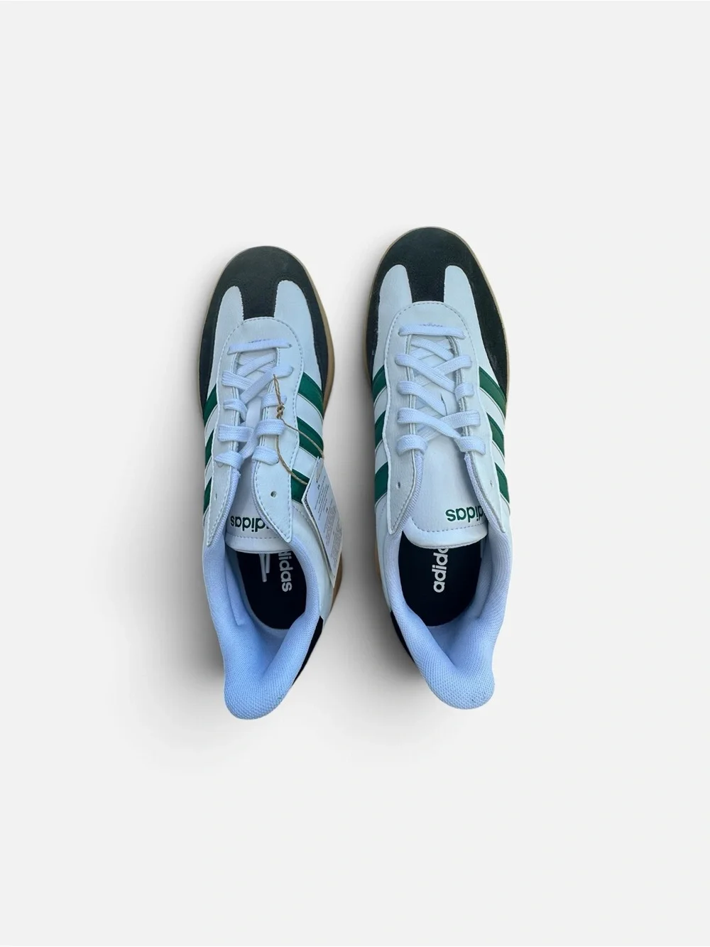 adidas White Sneakers with Green Stripes and Gum Sole